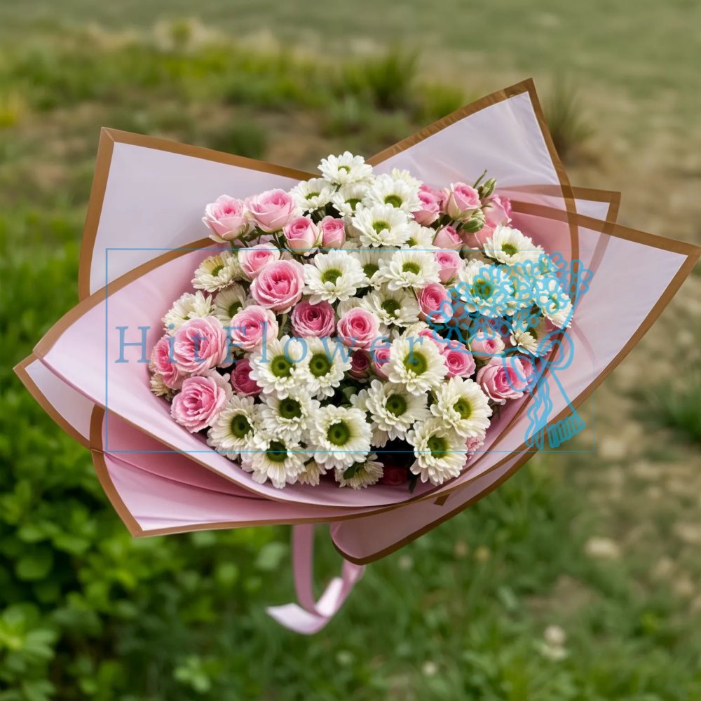 Букет цветов из: Хризантемы и Розы