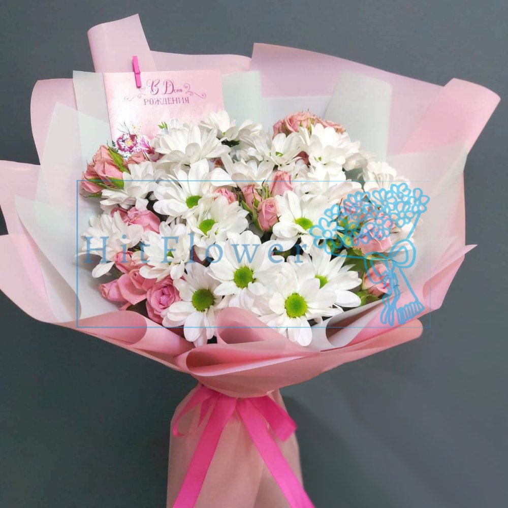 Букет цветов из: Хризантемы и Розы